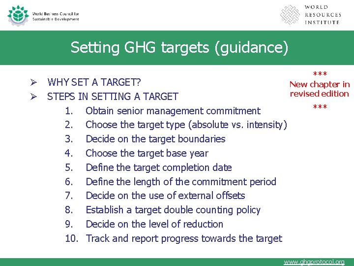 Setting GHG targets (guidance) Ø WHY SET A TARGET? Ø STEPS IN SETTING A