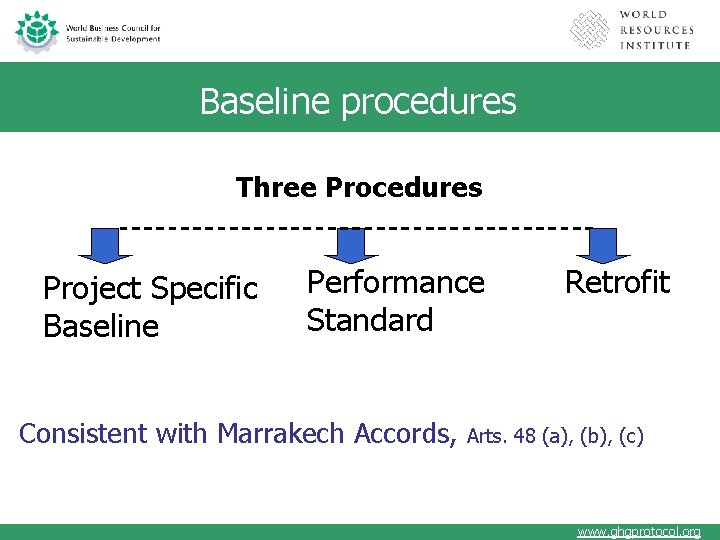 Baseline procedures Three Procedures Project Specific Baseline Performance Standard Consistent with Marrakech Accords, Retrofit