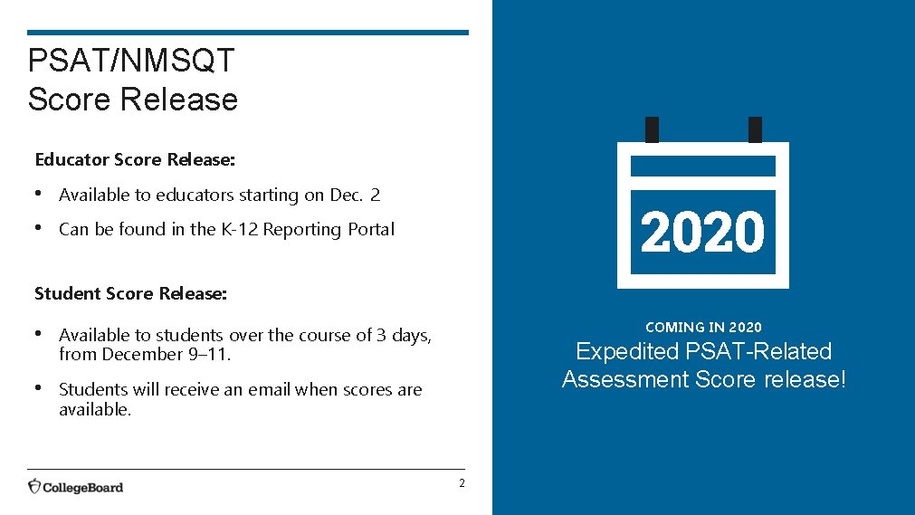 PSAT/NMSQT Score Release Educator Score Release: • Available to educators starting on Dec. 2 PSAT/NMSQT Score Release Educator Score Release: • Available to educators starting on Dec. 2
