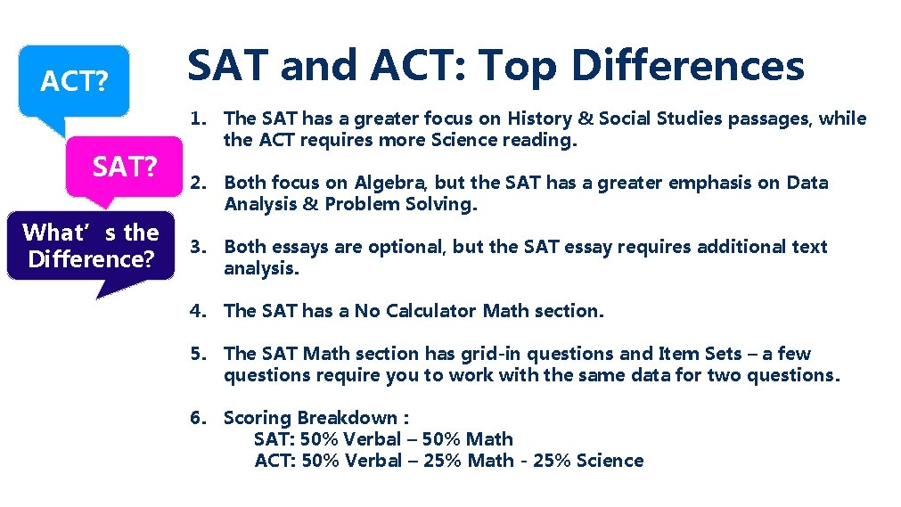 ACT? SAT? What’s the Difference? SAT and ACT: Top Differences 1. The SAT has ACT? SAT? What’s the Difference? SAT and ACT: Top Differences 1. The SAT has