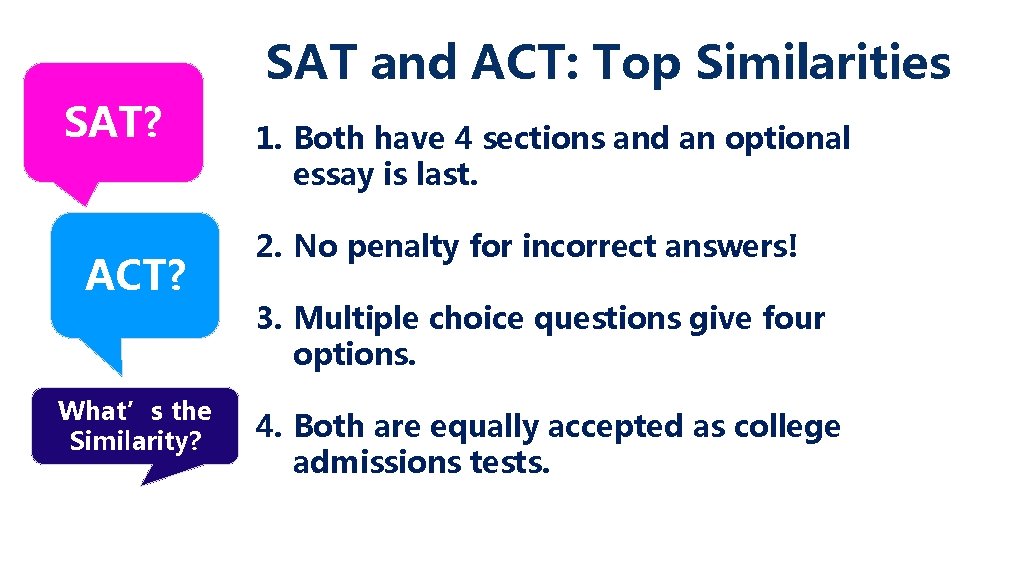 SAT and ACT: Top Similarities SAT? ACT? What’s the Similarity? 1. Both have 4 SAT and ACT: Top Similarities SAT? ACT? What’s the Similarity? 1. Both have 4