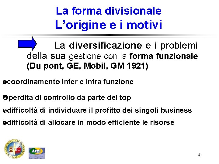 La forma divisionale L’origine e i motivi La diversificazione e i problemi della sua