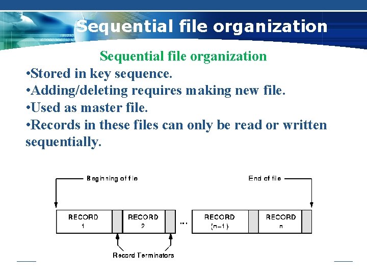 Sequential file organization • Stored in key sequence. • Adding/deleting requires making new file.