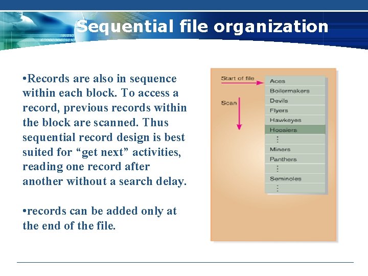 Sequential file organization • Records are also in sequence within each block. To access