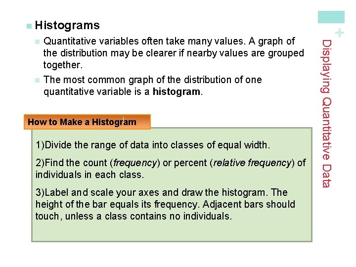 n Quantitative variables often take many values. A graph of the distribution may be