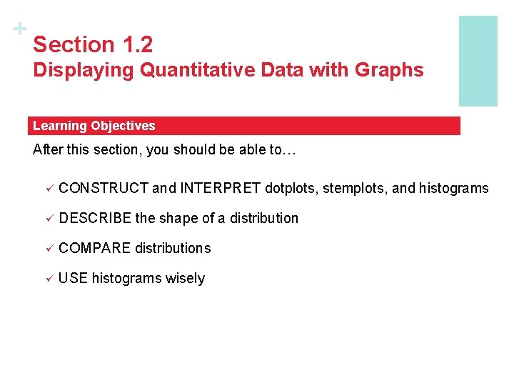 + Section 1. 2 Displaying Quantitative Data with Graphs Learning Objectives After this section,