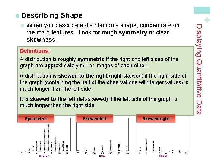 When you describe a distribution’s shape, concentrate on the main features. Look for rough