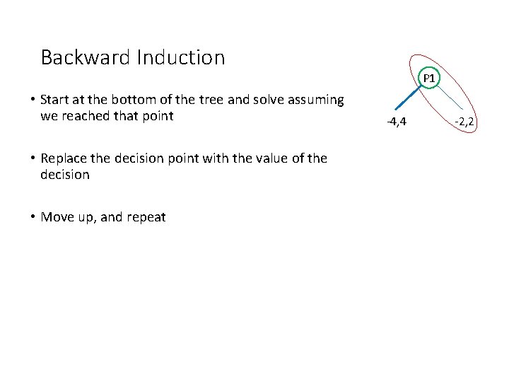 Backward Induction • Start at the bottom of the tree and solve assuming we