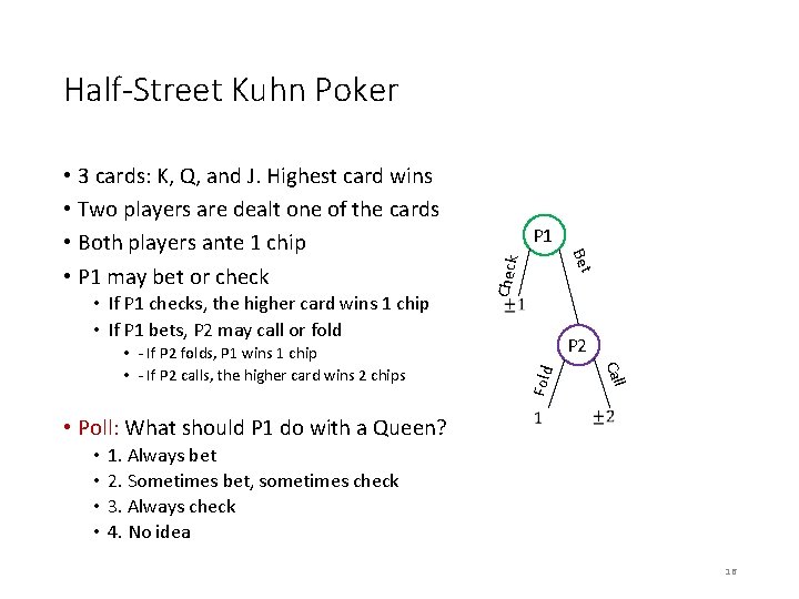 Half-Street Kuhn Poker • Poll: What should P 1 do with a Queen? •