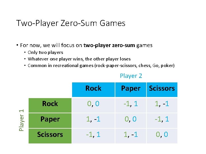 Two-Player Zero-Sum Games • For now, we will focus on two-player zero-sum games •