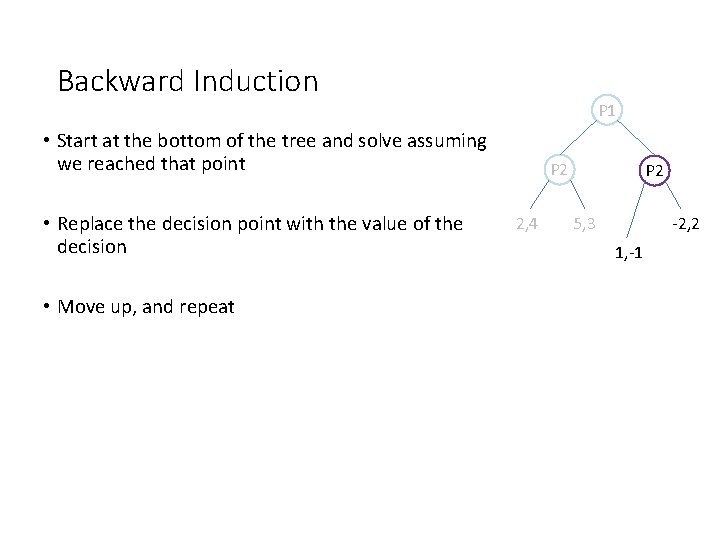 Backward Induction P 1 • Start at the bottom of the tree and solve