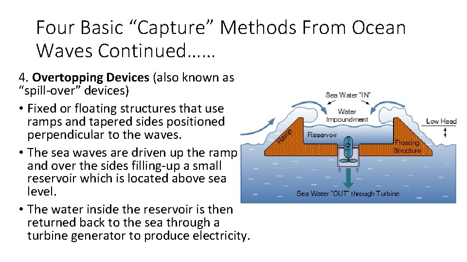 Four Basic “Capture” Methods From Ocean Waves Continued…… 4. Overtopping Devices (also known as