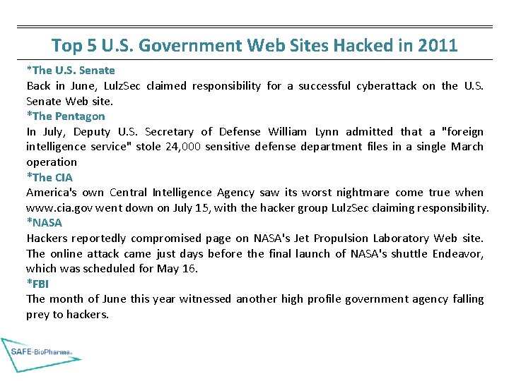 Top 5 U. S. Government Web Sites Hacked in 2011 *The U. S. Senate Top 5 U. S. Government Web Sites Hacked in 2011 *The U. S. Senate