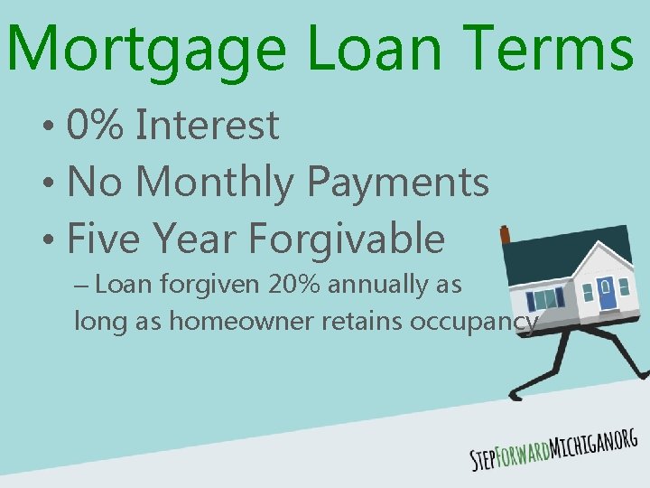 Mortgage Loan Terms • 0% Interest • No Monthly Payments • Five Year Forgivable