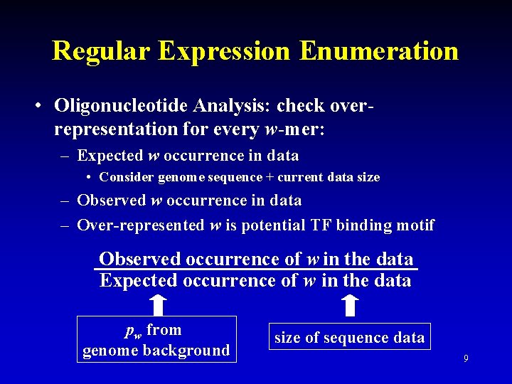 Regular Expression Enumeration • Oligonucleotide Analysis: check overrepresentation for every w-mer: – Expected w