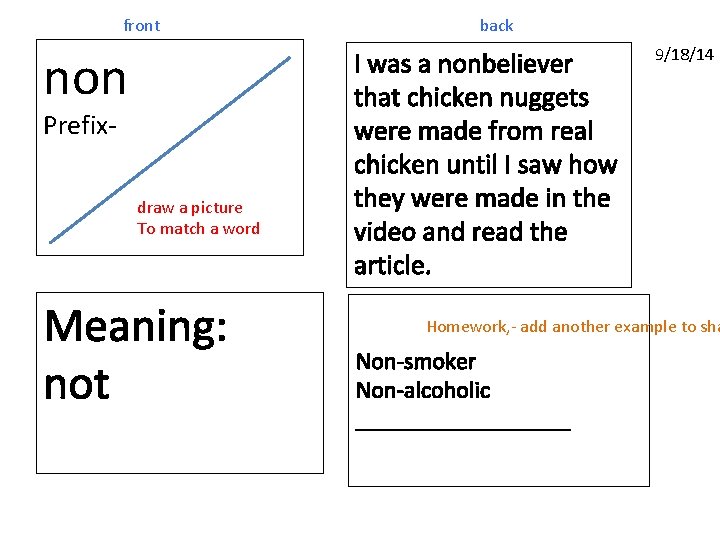 front non Prefix- draw a picture To match a word Meaning: not back I