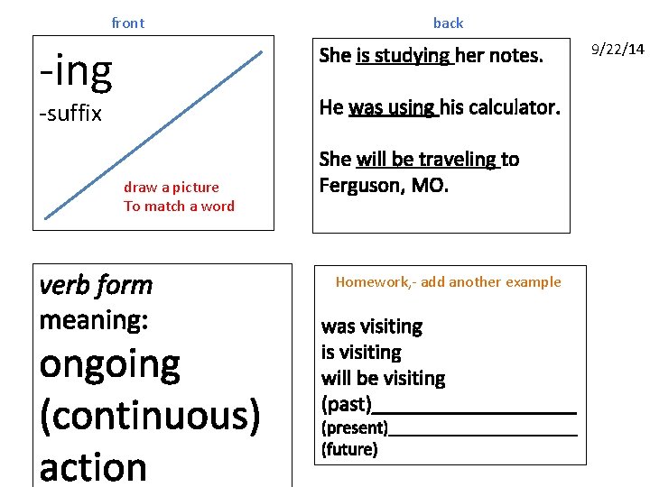 front -ing back She is studying her notes. He was using his calculator. -suffix