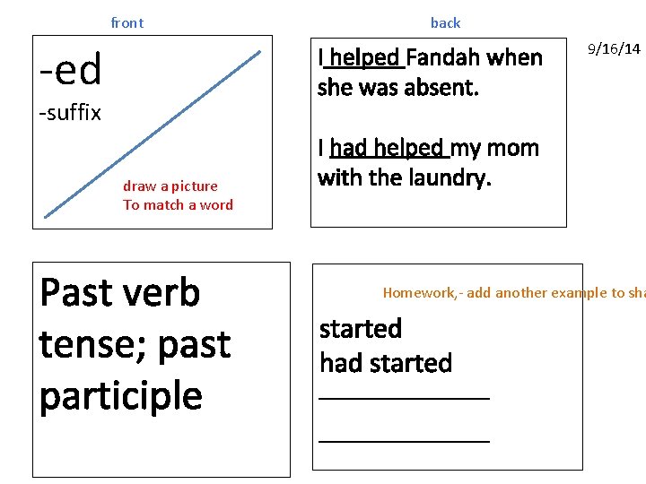 front -ed back I helped Fandah when she was absent. -suffix draw a picture