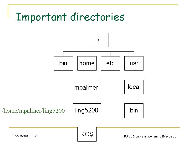 Important directories / bin /home/mpalmer/ling 5200 LING 5200, 2006 home etc usr mpalmer local