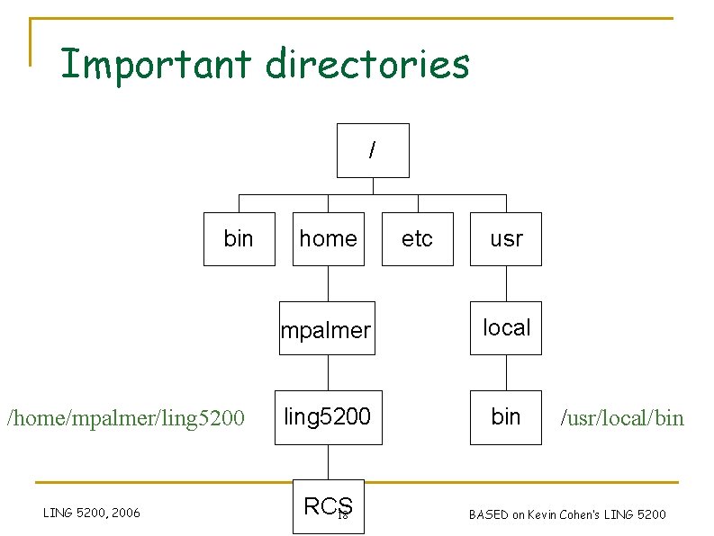 Important directories / bin /home/mpalmer/ling 5200 LING 5200, 2006 home etc usr mpalmer local