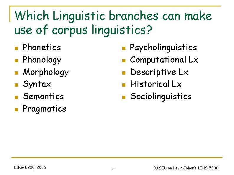 Which Linguistic branches can make use of corpus linguistics? n n n Phonetics Phonology