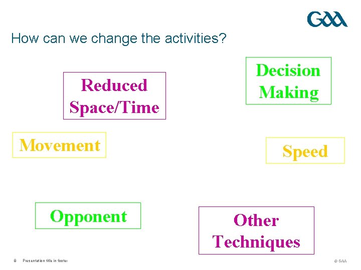 How can we change the activities? Reduced Space/Time Movement Opponent 8 Presentation title in
