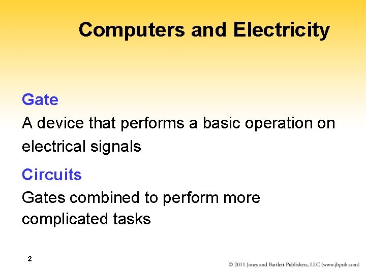Computers and Electricity Gate A device that performs a basic operation on electrical signals