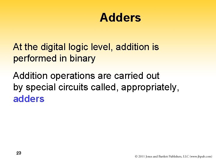 Adders At the digital logic level, addition is performed in binary Addition operations are