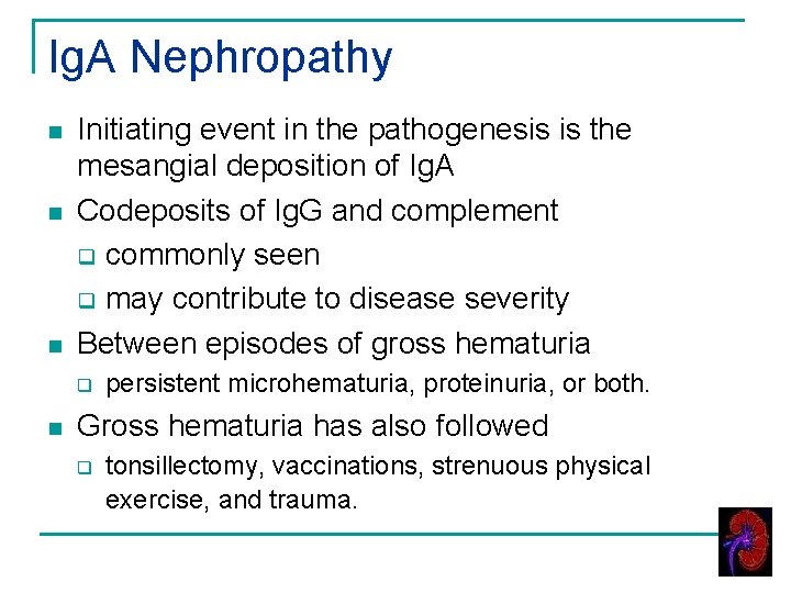 Ig. A Nephropathy n n n Initiating event in the pathogenesis is the mesangial