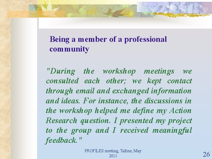 Being a member of a professional community "During the workshop meetings we consulted each