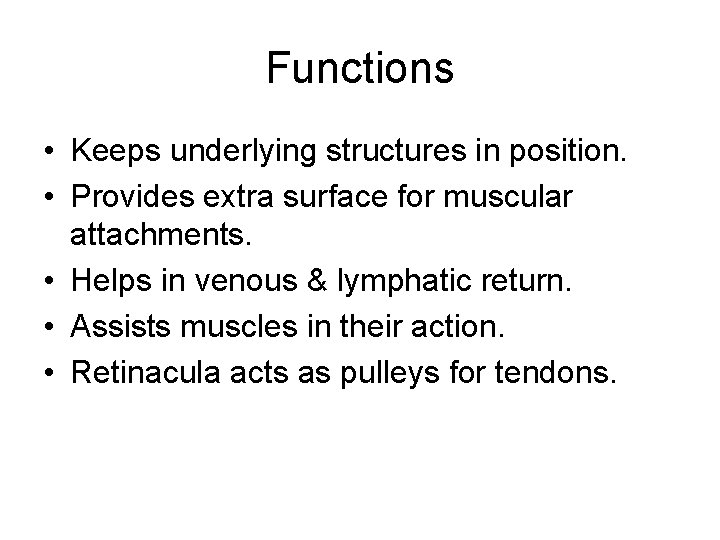 Functions • Keeps underlying structures in position. • Provides extra surface for muscular attachments.