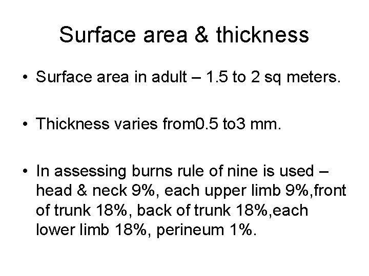 Surface area & thickness • Surface area in adult – 1. 5 to 2