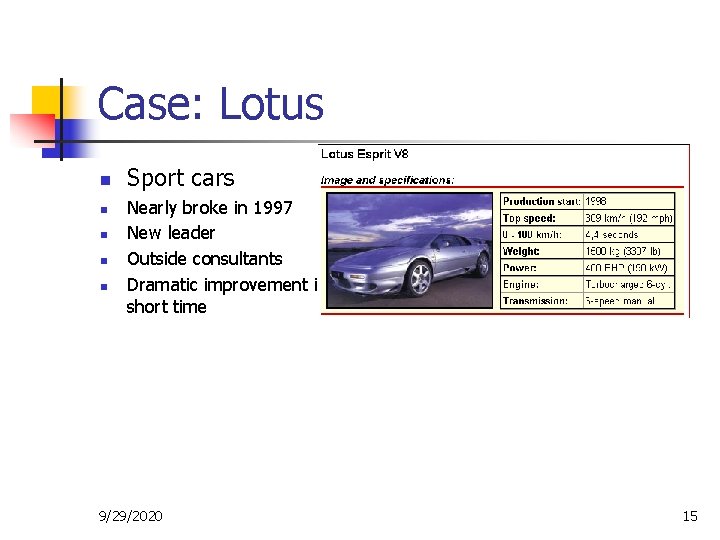 Case: Lotus n n n Sport cars Nearly broke in 1997 New leader Outside