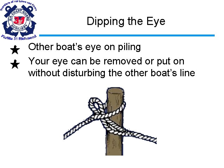 Dipping the Eye • • Other boat’s eye on piling Your eye can be