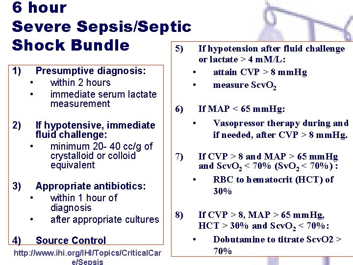 6 hour Severe Sepsis/Septic Shock Bundle 5) 1) 2) 3) 4) Presumptive diagnosis: •