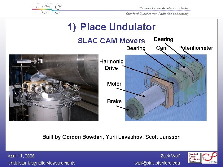 1) Place Undulator SLAC CAM Movers Bearing Cam Potentiometer Harmonic Drive Motor Brake Built