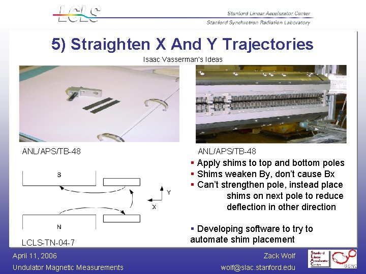 5) Straighten X And Y Trajectories Isaac Vasserman’s Ideas ANL/APS/TB-48 § Apply shims to