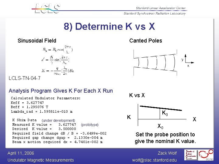8) Determine K vs X Sinusoidal Field Canted Poles LCLS-TN-04 -7 Analysis Program Gives