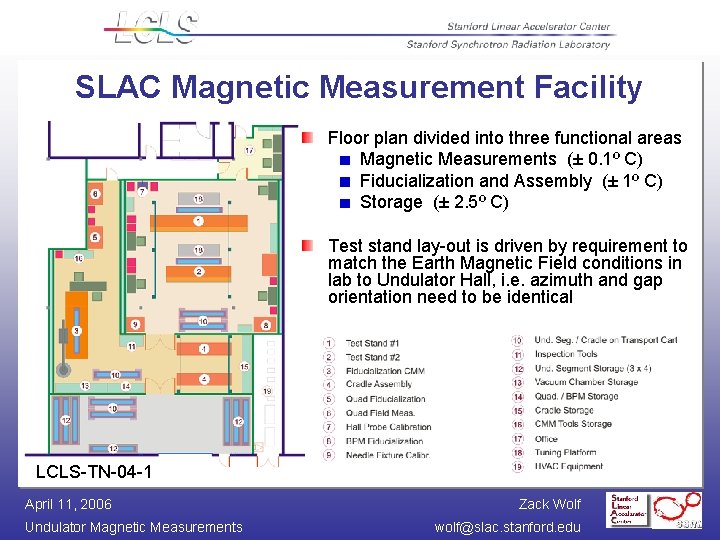 SLAC Magnetic Measurement Facility Floor plan divided into three functional areas Magnetic Measurements (±
