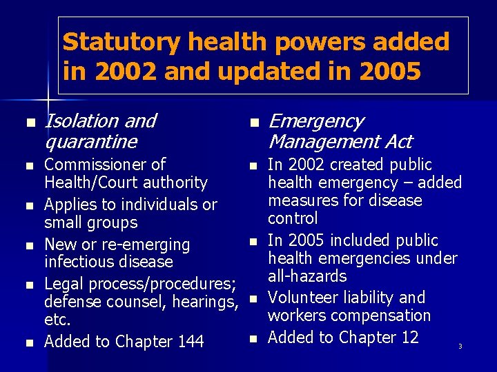 Statutory health powers added in 2002 and updated in 2005 n n n Isolation