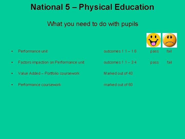 National 5 – Physical Education What you need to do with pupils • Performance
