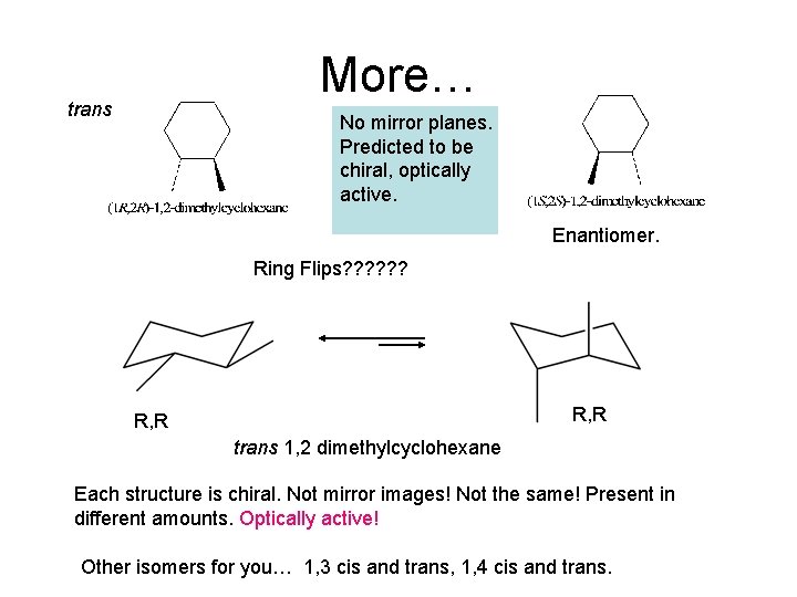 More… trans No mirror planes. Predicted to be chiral, optically active. Enantiomer. Ring Flips?