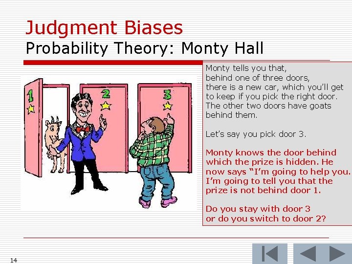 Judgment Biases Probability Theory: Monty Hall Monty tells you that, behind one of three