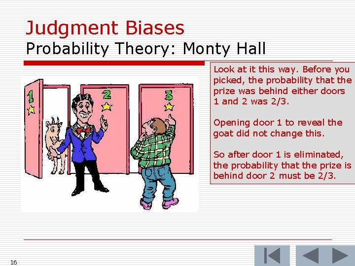 Judgment Biases Probability Theory: Monty Hall Look at it this way. Before you picked,