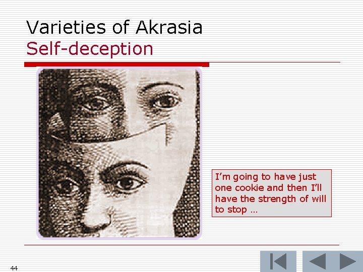 Varieties of Akrasia Self-deception I’m going to have just one cookie and then I’ll