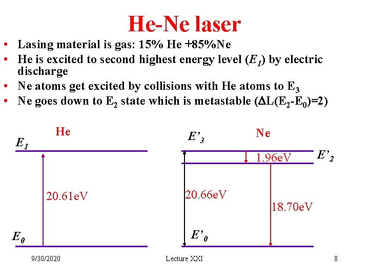 He-Ne laser • Lasing material is gas: 15% He +85%Ne • He is excited He-Ne laser • Lasing material is gas: 15% He +85%Ne • He is excited