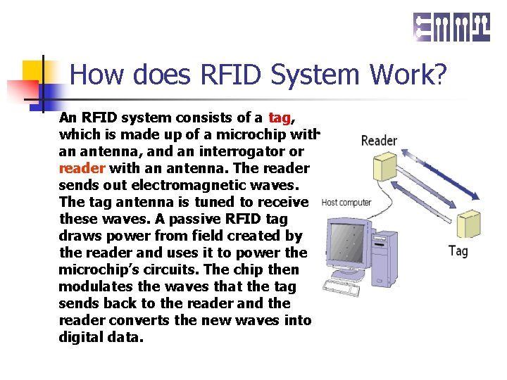 How does RFID System Work? An RFID system consists of a tag, which is