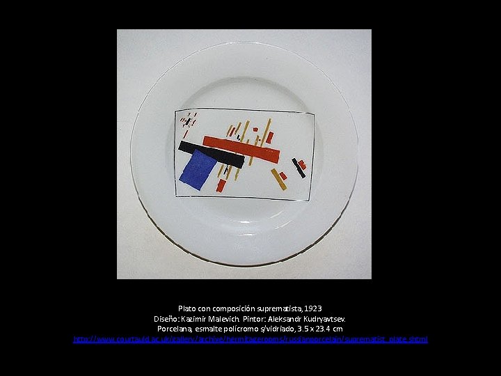 Plato con composición suprematista, 1923 Diseño: Kazimir Malevich. Pintor: Aleksandr Kudryavtsev. Porcelana, esmalte polícromo