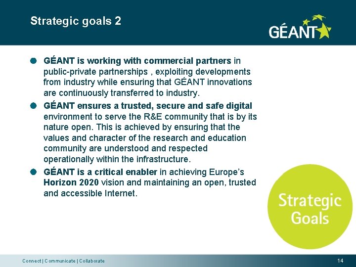 Strategic goals 2 GÉANT is working with commercial partners in public-private partnerships , exploiting