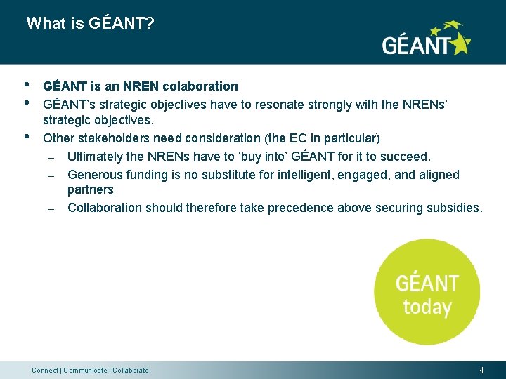 What is GÉANT? • • • GÉANT is an NREN colaboration GÉANT’s strategic objectives